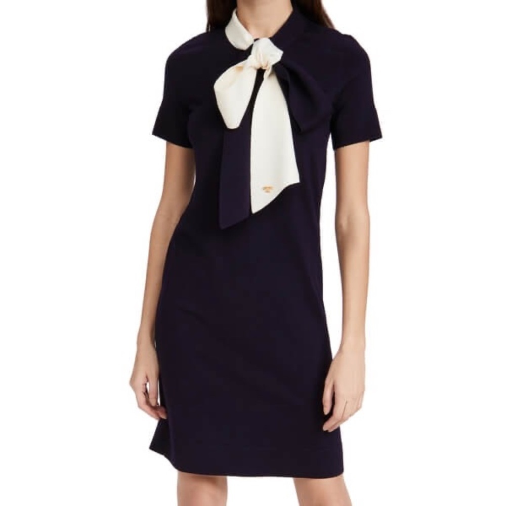 Tory Burch Navy Midi Dress with Cream Bow